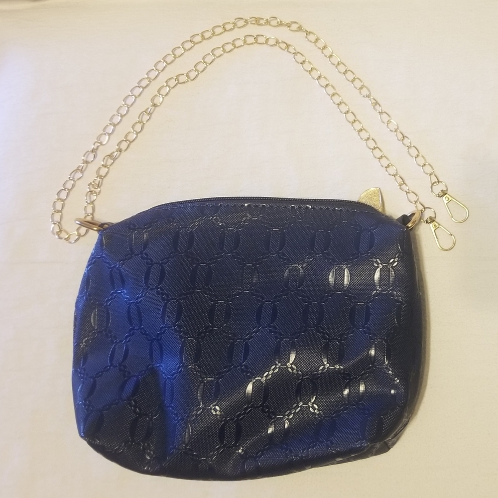 Matching set of 3 textured dark blue purses w chocolate brown interiors - Picture 8 of 10